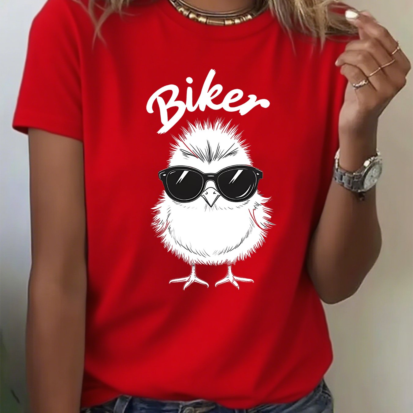 TEMU Women's Biker Graphic T-shirt - Cool Motorcycle Chick With Fashion Glasses Print, Short Sleeve Crew Neck Top, -line Regular Fit Casual Suitable