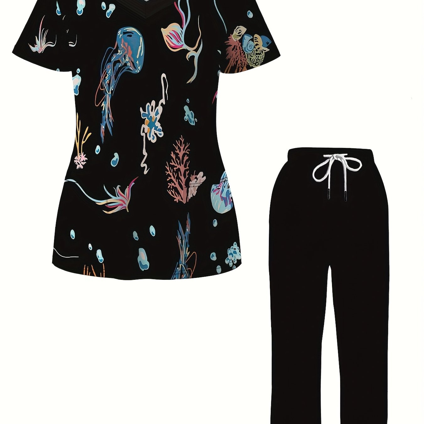 TEMU Plus Size - Plus Size - Plus Size Women's 2pcs Set Jellyfish Element Print Modern Uniform, V-neck Pocket Top And Stretch Waist Trousers,
