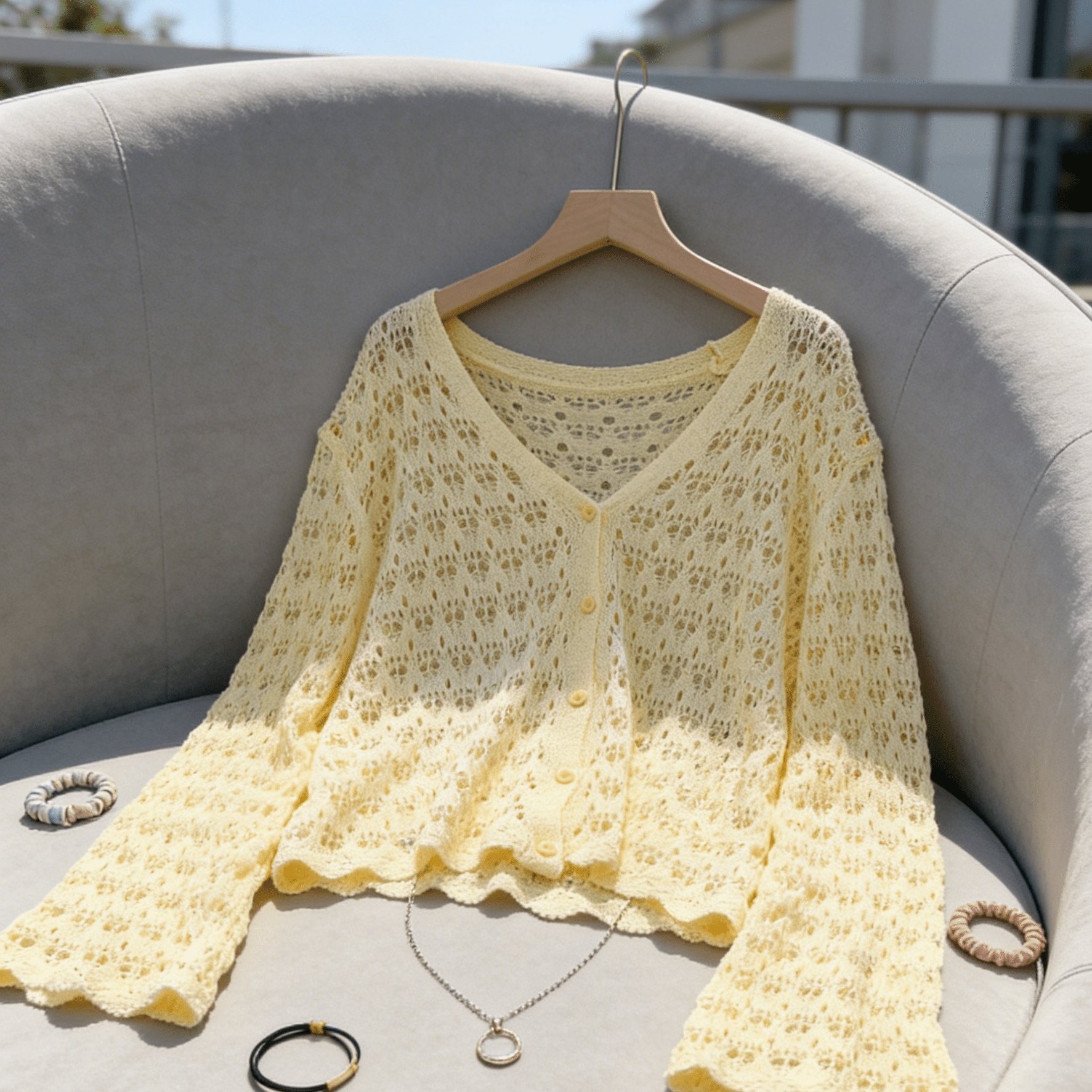 Cardigan Thin Coat Women's Vacation Beach Outfit Solid Short Loose Preppy Korean Style Outerwear Thin Blouse Bohemian Mesh Trendy