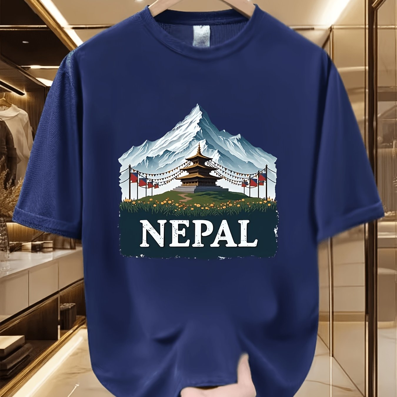 TEMU Men's Casual T-shirt, Creative Nepalese Landscape Print Round Neck Top, Retro , Multi-scene Daily Wear