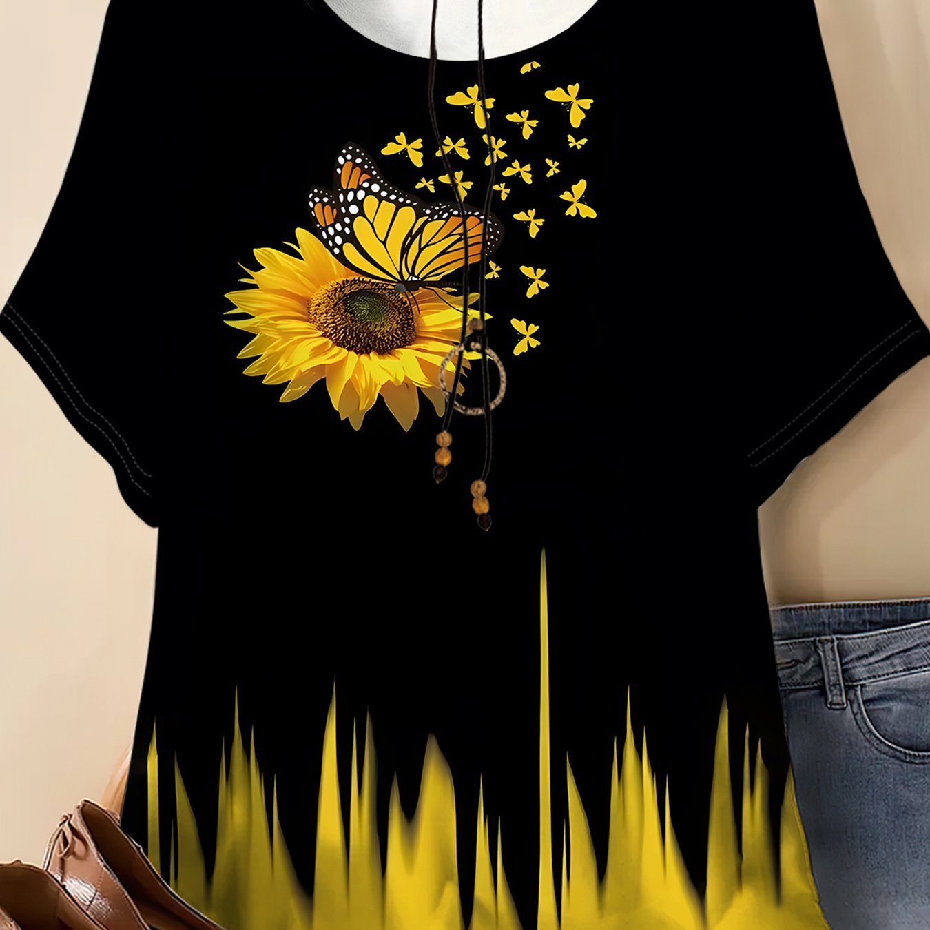 TEMU Plus Size - Fashion Women's Round Neck Short Sleeve T-shirt, Sunflower Print, Cozy Aesthetic Western Vintage Style, Western Niche Elegant Round