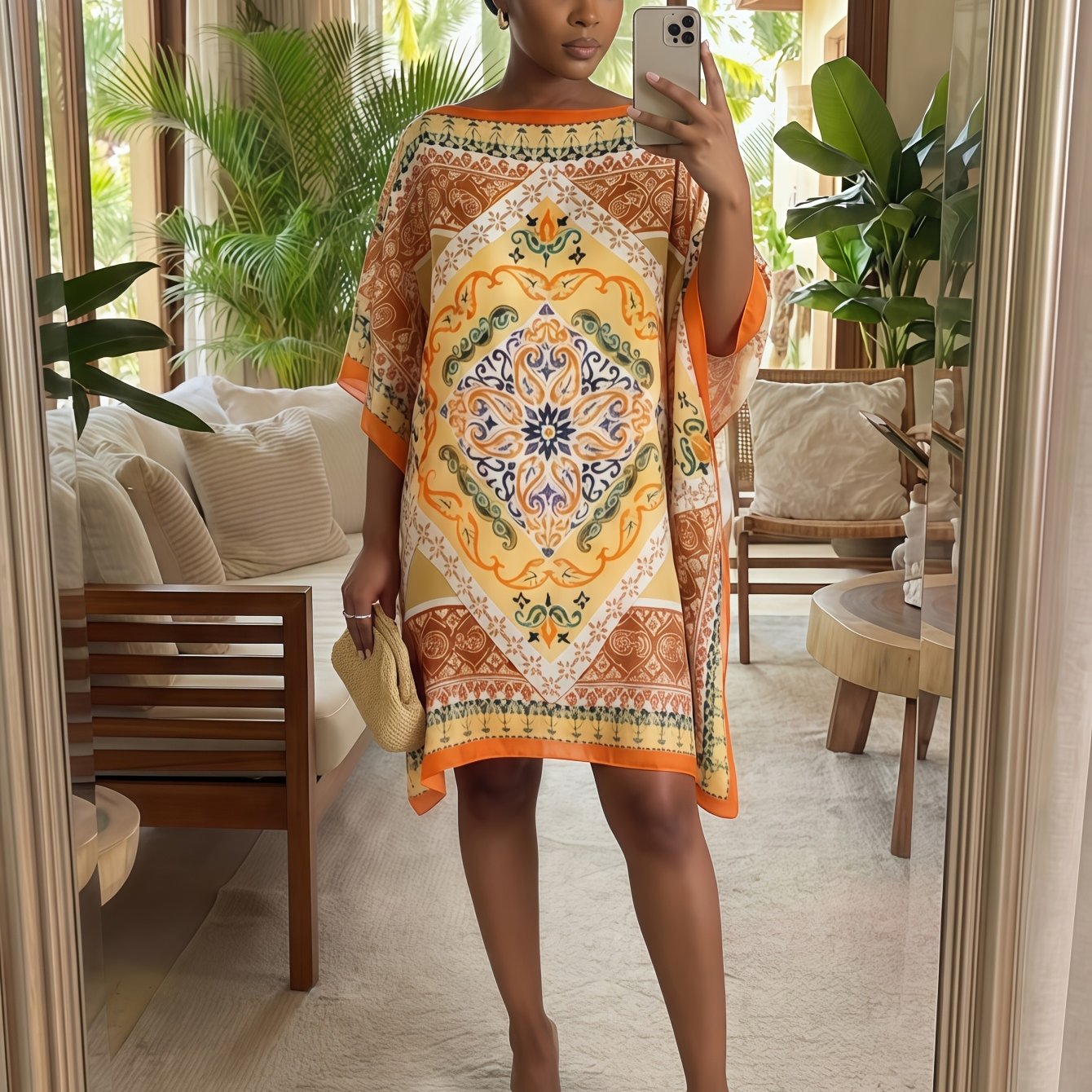 TEMU 1pc Women's Plus Size Paisley Nut Flower Print Beach Cover-up Dress, 200lbs Wearable Bikini Outerwear, Slit Design, Loose Outerwear, Coverage