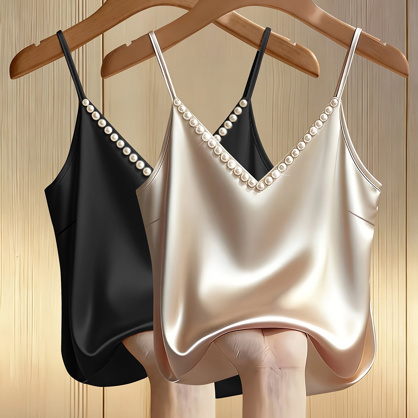 TEMU Neue Sommerkollektion, elegante Partykleidung, verstellbares Spaghettiträger-Mode-Tanktop mit V-Ausschnitt Perlen, Satin-Camisole--teiliges Set,