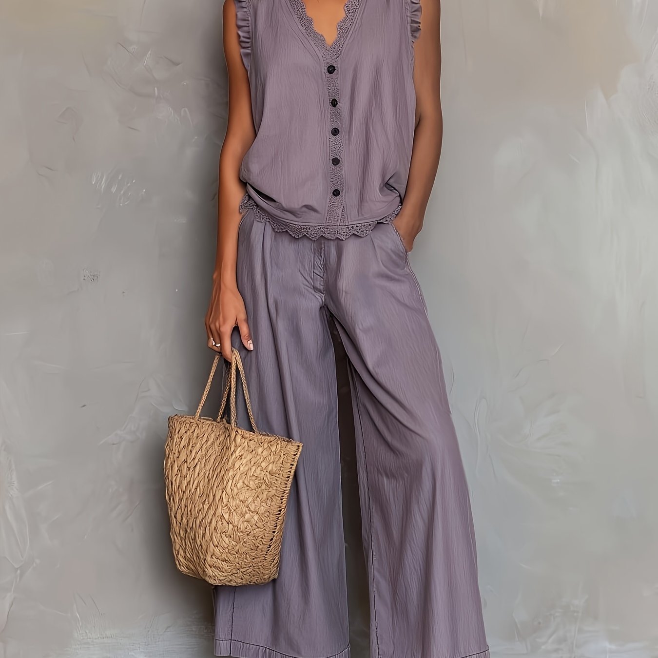 TEMU [spring Summer Gentle Relaxed Style] Women' Color Lace V-neck Sleeveless Top And High-waist Wide-leg Pants Set, Lace V-neck Adds Gentle Detail