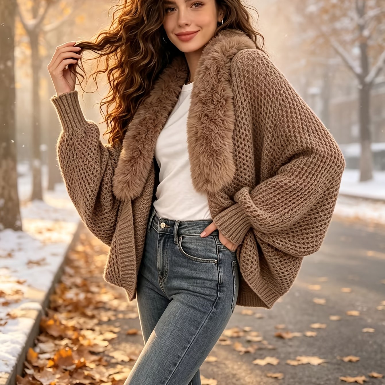TEMU Plus Size - Autumn Winter New Shawl Mid-length All-match Fashion Casual Outerwear Thickened Cardigan Coat Warm Long Sleeve Loose Fashion Trendy