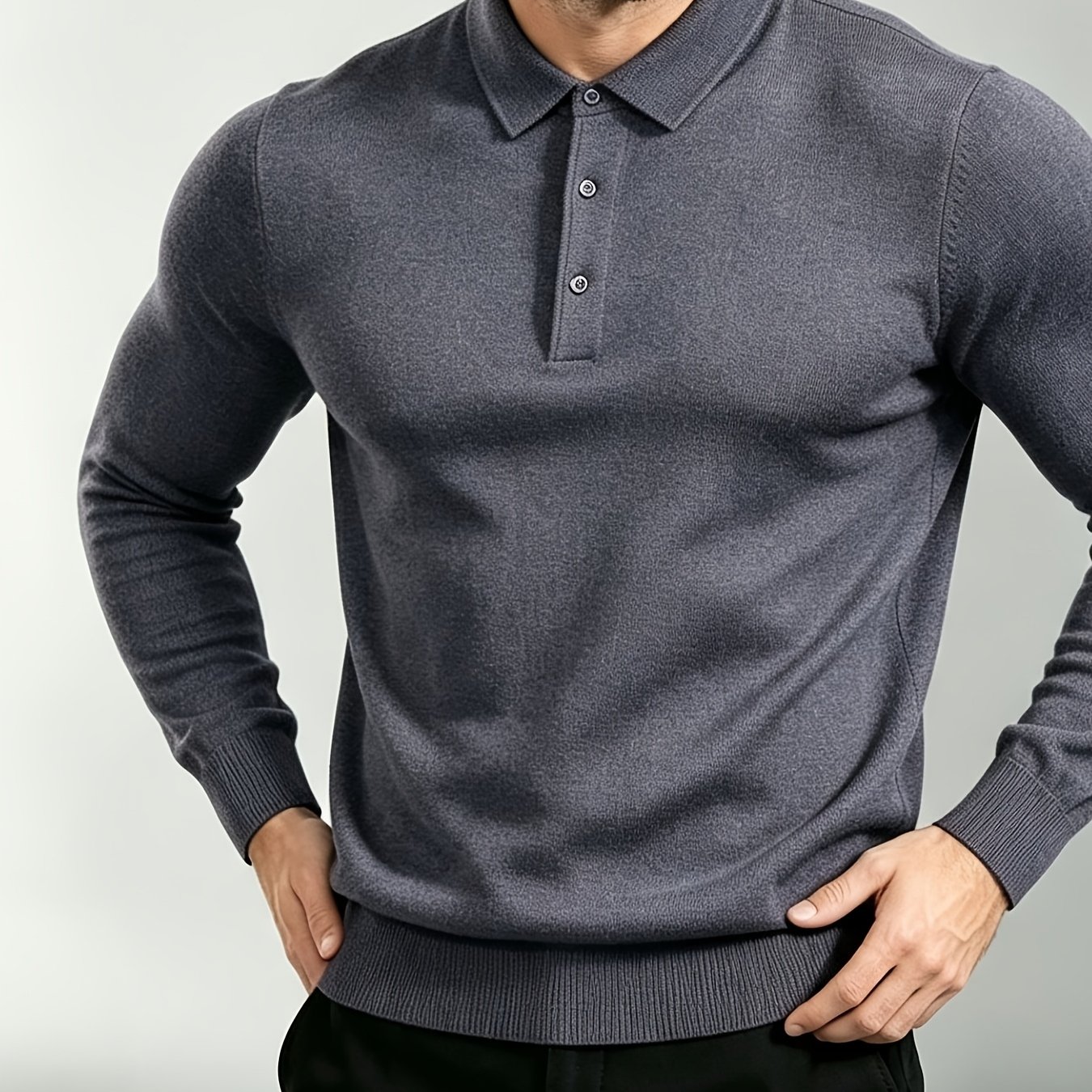 TEMU Forlengke Men's British Commuter Long-sleeve Knit Shirt, With Collar That Resists Collapsing , Dense Knit Construction For Durability. Suitable