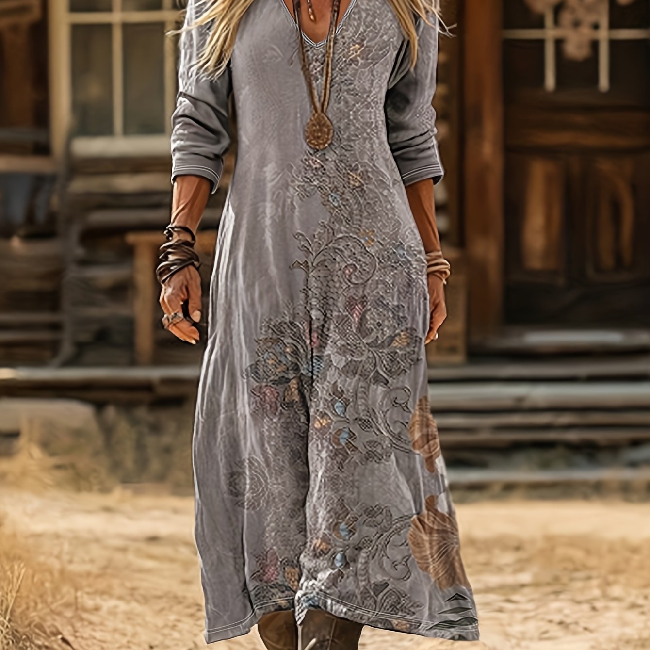 TEMU Vestido largo de larga versátil con estampado de estilo para vacaciones de y verano para mujer, ideal para salidas, camping y otros