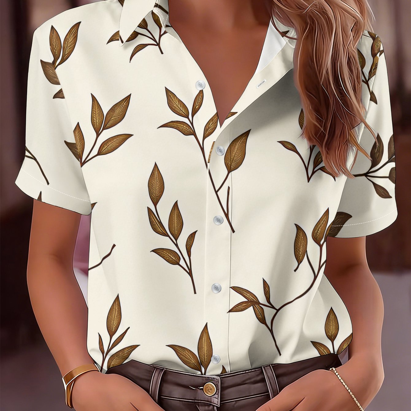 TEMU Women's Stylish Short-sleeve Shirt Featuring Brown Leaf And Plant Pattern With Button Closure