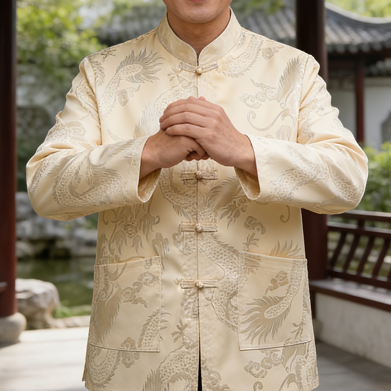 item picture mens chinese style tang suit jacket middle aged stand collar long sleeve dragon   pattern banquet top chinese size please check the size guide  