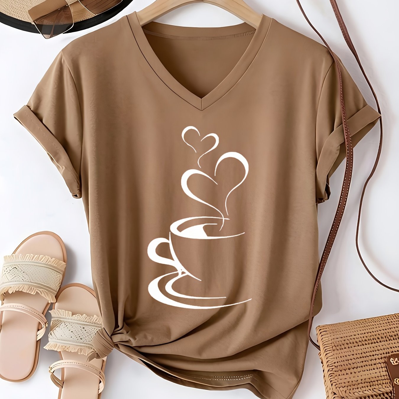 TEMU Women's V-neck T-shirt With Heart-shaped Coffee Cup Steam Print, Summer Loose Fit Short Sleeve, Artistic And Style, Versatile Daily Casual Top,
