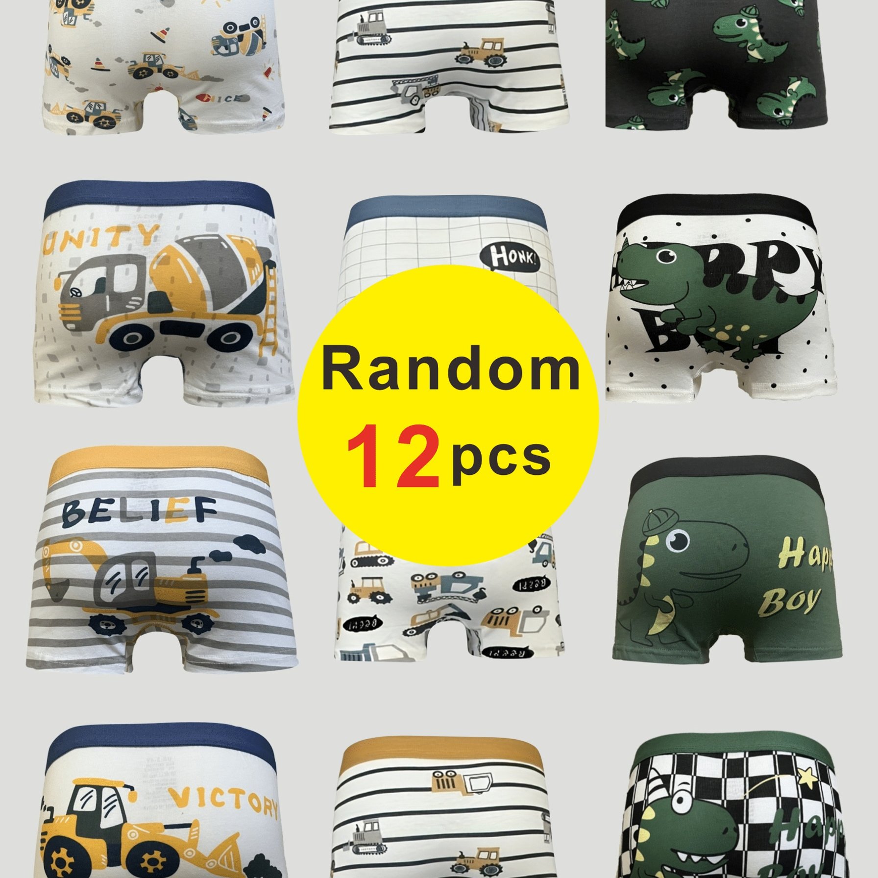 Image of Random 12pcs Boys' Dinosaur, Excavator, And Airplane Pattern Boxer Briefs