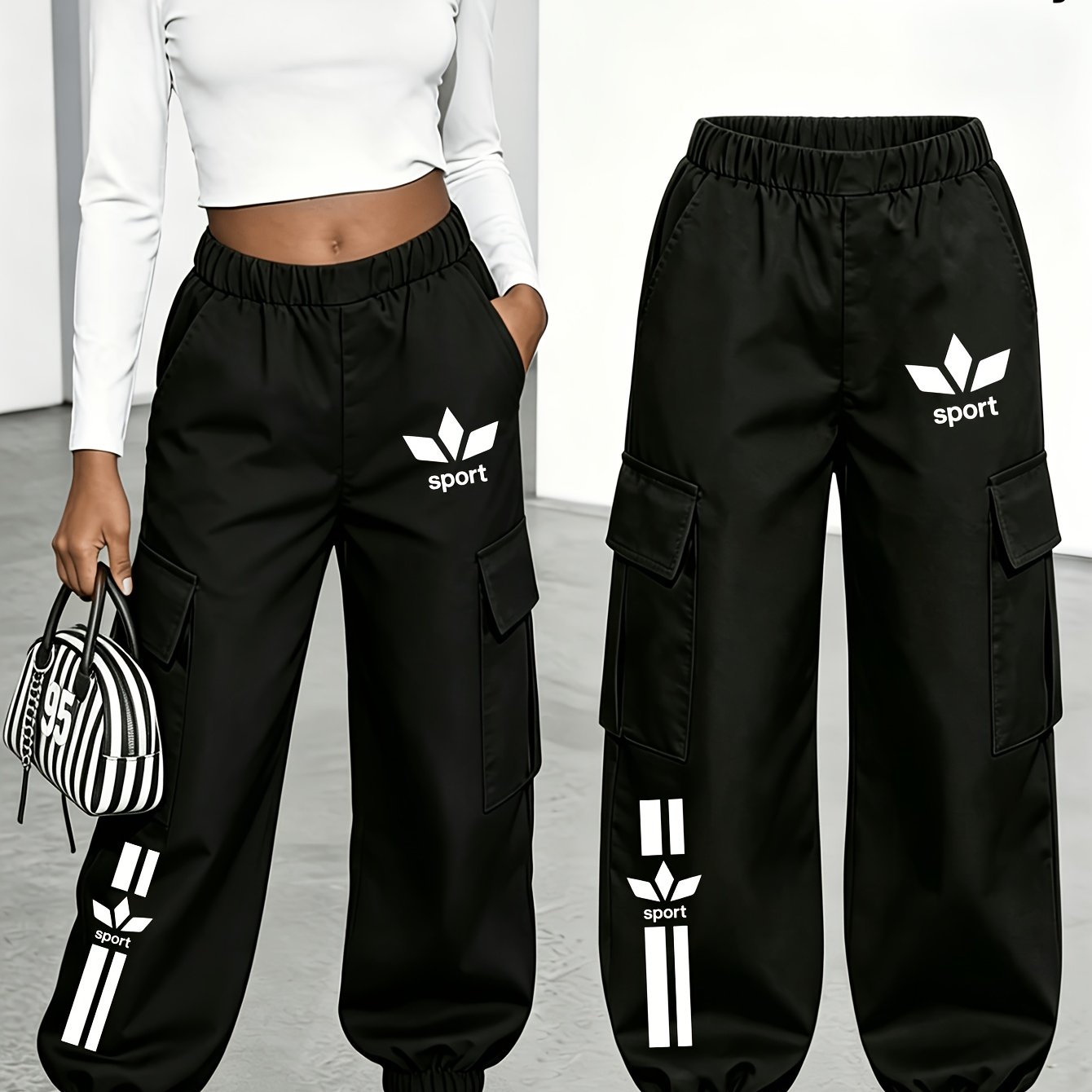 TEMU Plus-size Women's Cargo Jogger Pants, Featuring A Simple Sporty Letter Stripe Print And Multiple Pockets. Elastic- Sporty Casual Pants Are