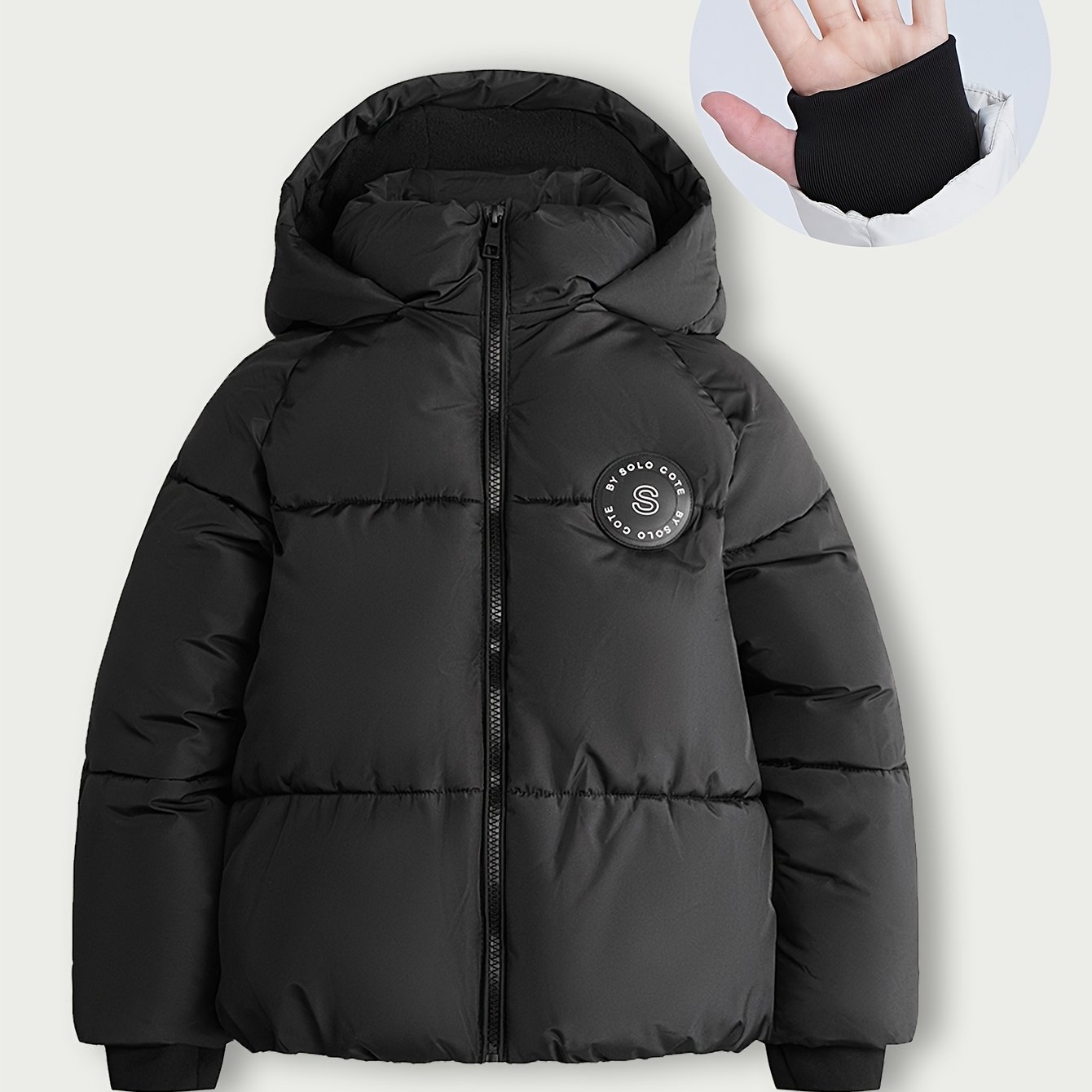 Image of Solocote Winter New / Hooded Turtleneck Zippered Door Thickened Jacket, Fleece Lining For , Thumb Hole Ribbed Windproof Sleeves, Machine Washable, Suitable For Boys And Girls' Winter Outdoor Hiking