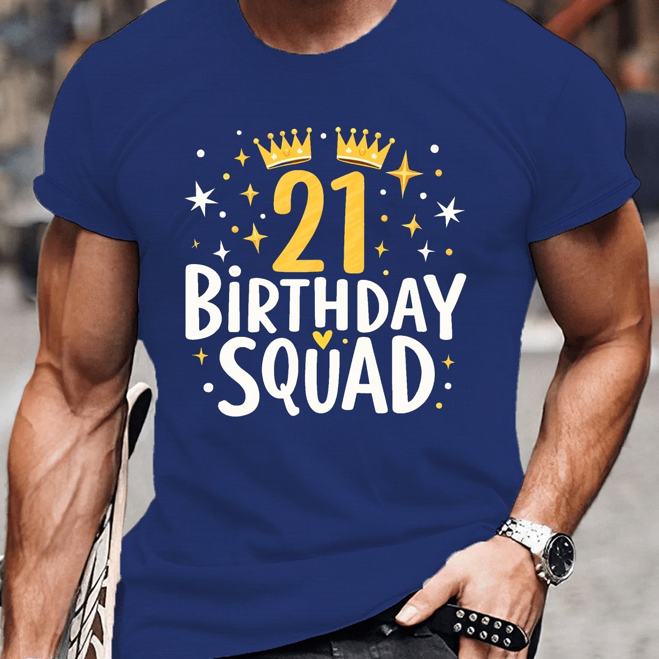 TEMU [durable] Men's "21 Birthday Squad" Graphic T-shirt - Casual Crew Neck, Short Sleeve, Summer Tee With Crown & , White, Casual Summer