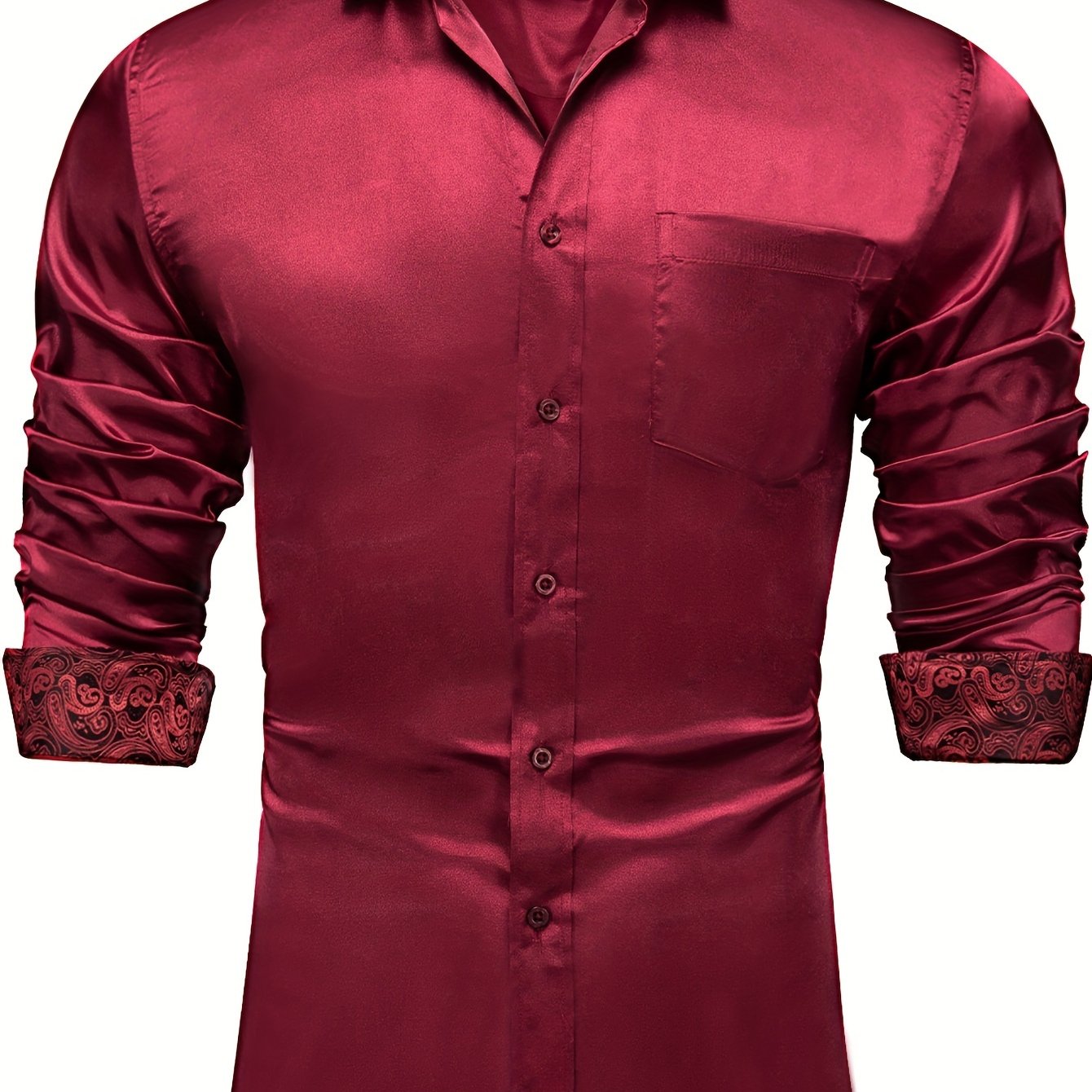 Image of Men's Wine Red Glossy Shirt Contrasting Paisley Collar Light Luxury Shirt Party Dating Business Top