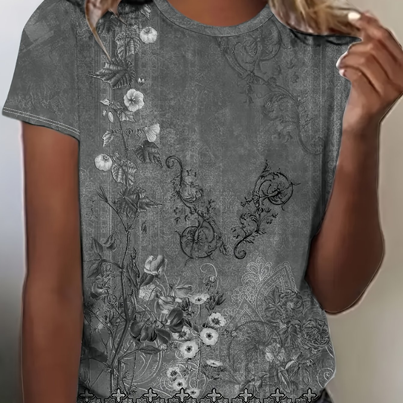 TEMU Damens Casual Kurzarm T-Shirt - Lebendiges Oranges Botanik-Blumenmuster, Lockerer Schnitt, Atmungsaktives Material, Maschinenwaschbar,