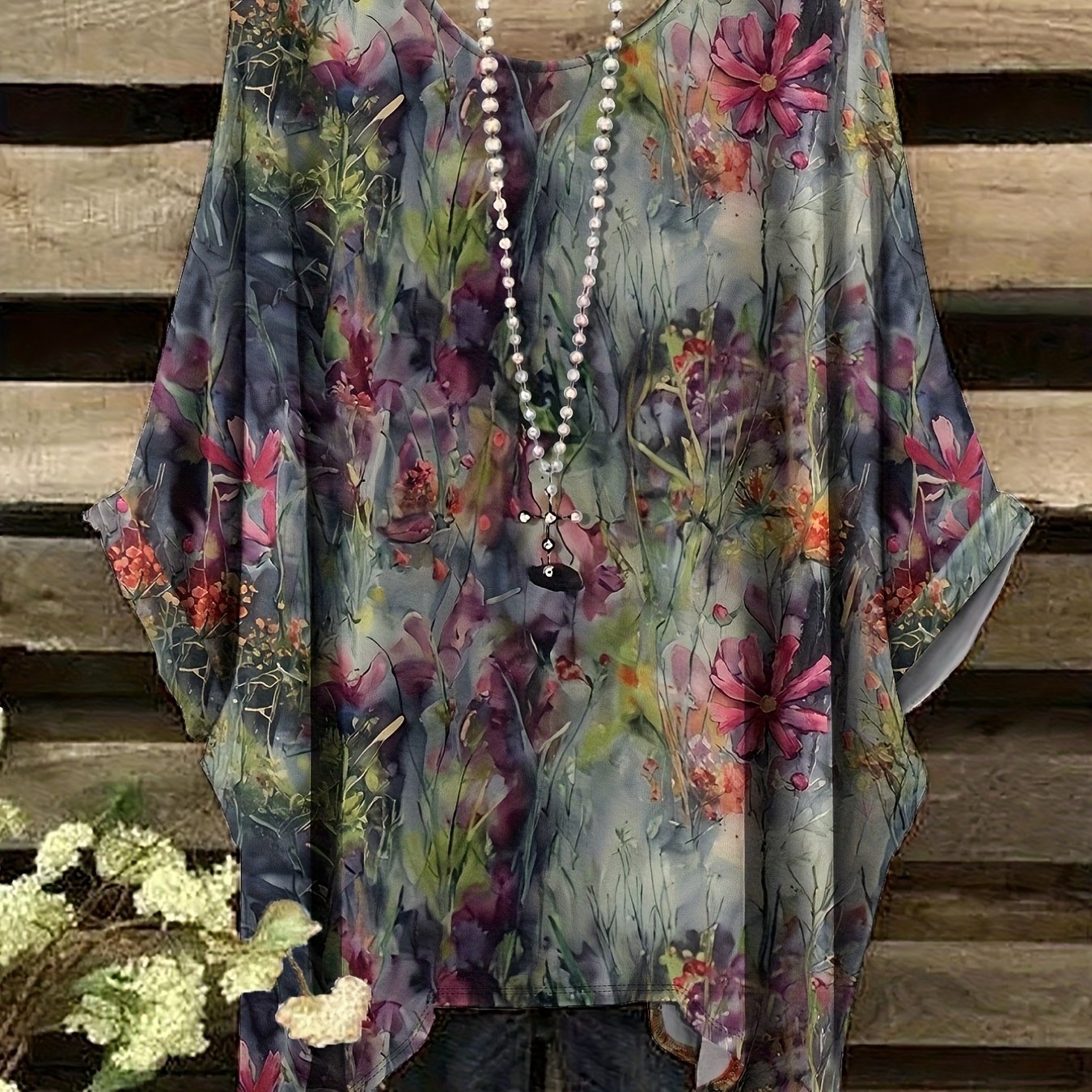 TEMU Plus Size, Watercolor Floral Full Body Print Plus Size Women's T-shirt Casual Comfortable Round Neck Irregular Hem Loose Plus Size Women's