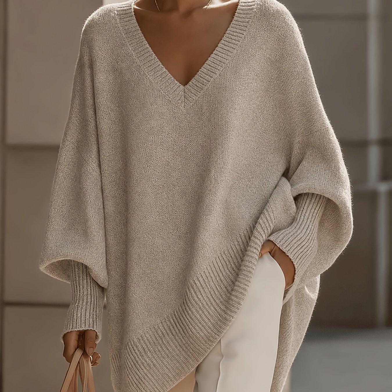 TEMU Plus Size - French Plus Size V-neck Sweater Women's Loose Batwing Sleeve Solid Soft Pullover Sweater Autumn Top