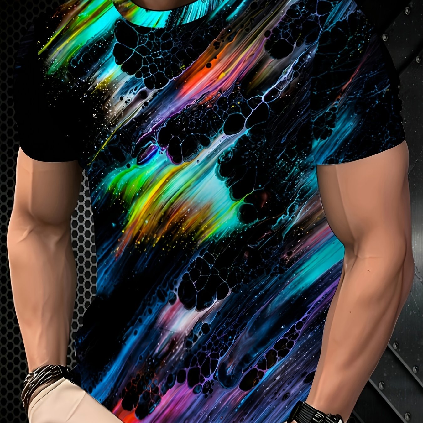 TEMU En's Abstract Print T-shirt - Black With Neon Green, Blue, Pink, Purple, Teal, And Orange - Lightweight And Durable, Comfortable Round Neck,