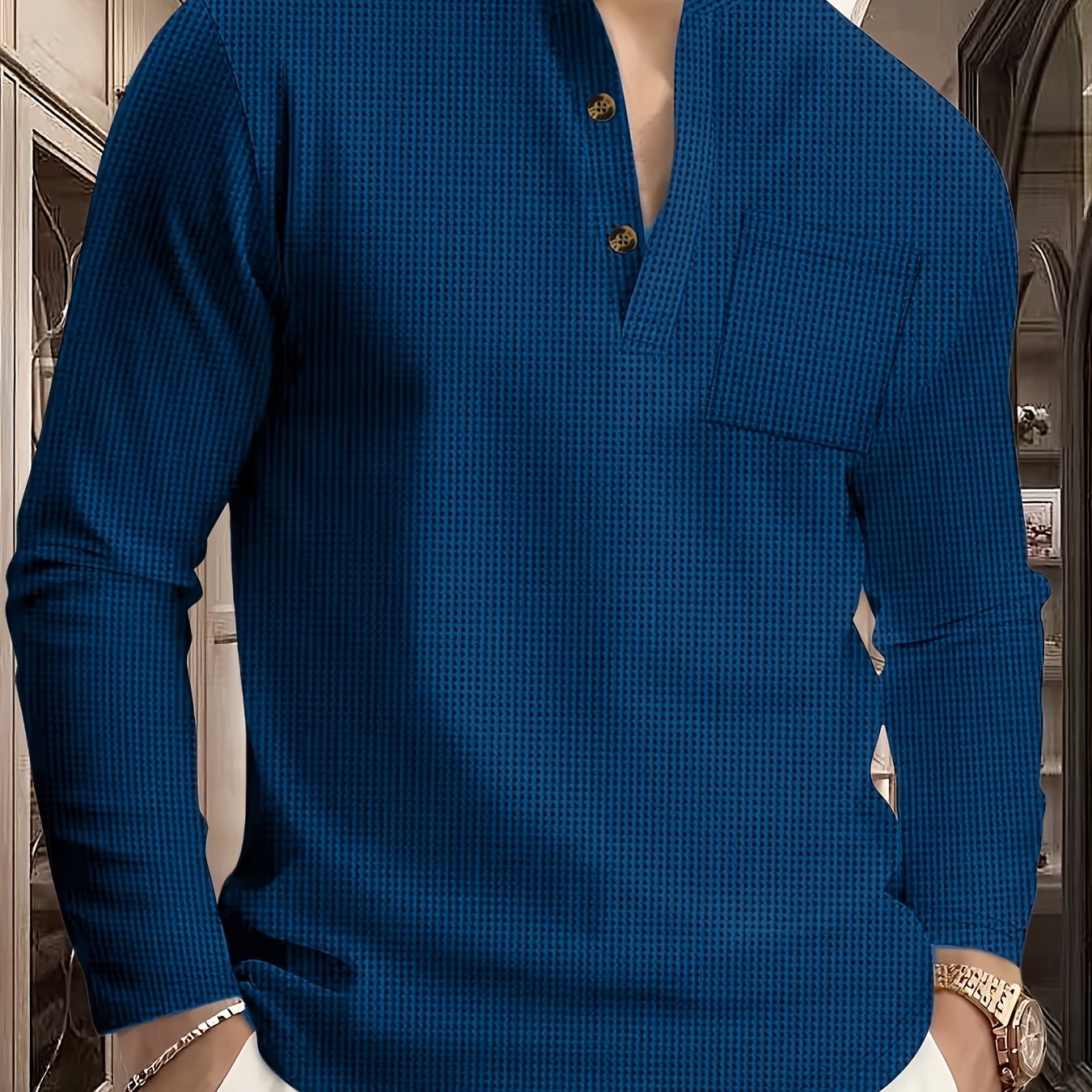 TEMU Men's Casual Stand Collar Long Sleeve Henley Shirt, Solid Color Half-zip Design For Spring And Autumn Outdoor Casual Wear