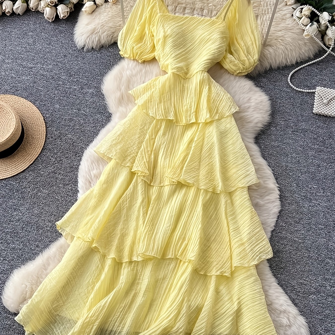 Vacation Puff Sleeve Square Neck Dress For Women, Summer Waist-cinching Layered Ruffle Tiered
