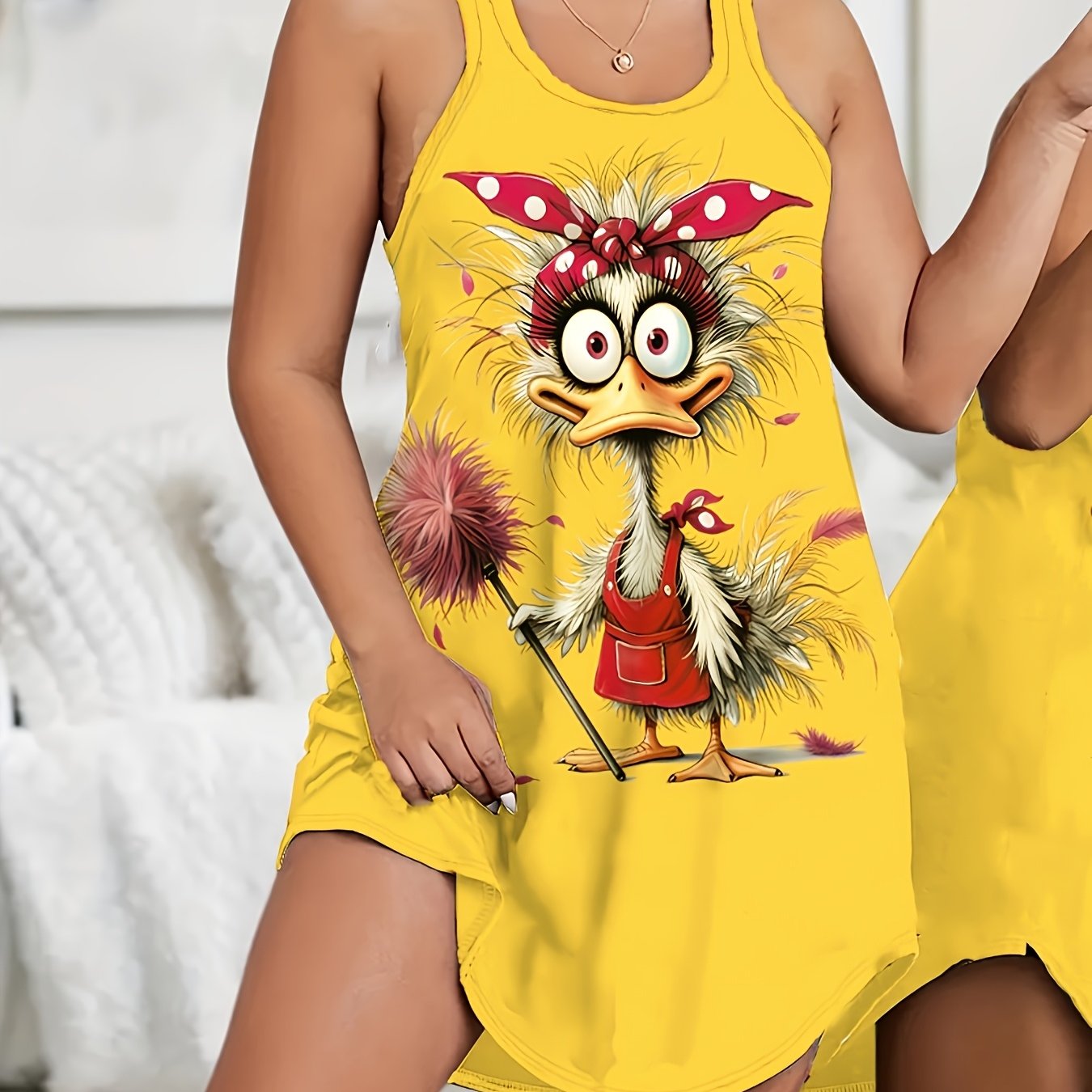 Image of Women's Casual Sleepwear, Cartoon Cleaning Duck Print Round Neck Curved Hem Tank Nightgown, Spring Summer Cool Home Clothes