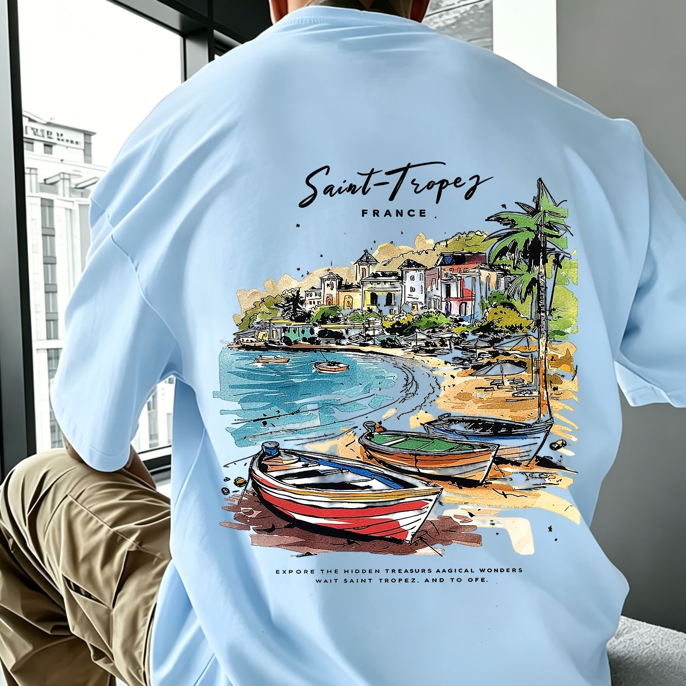Image of Saint-tropez Beach Watercolor Graphic Tee | Men's Summer Loose Fit French Vacation T-shirt