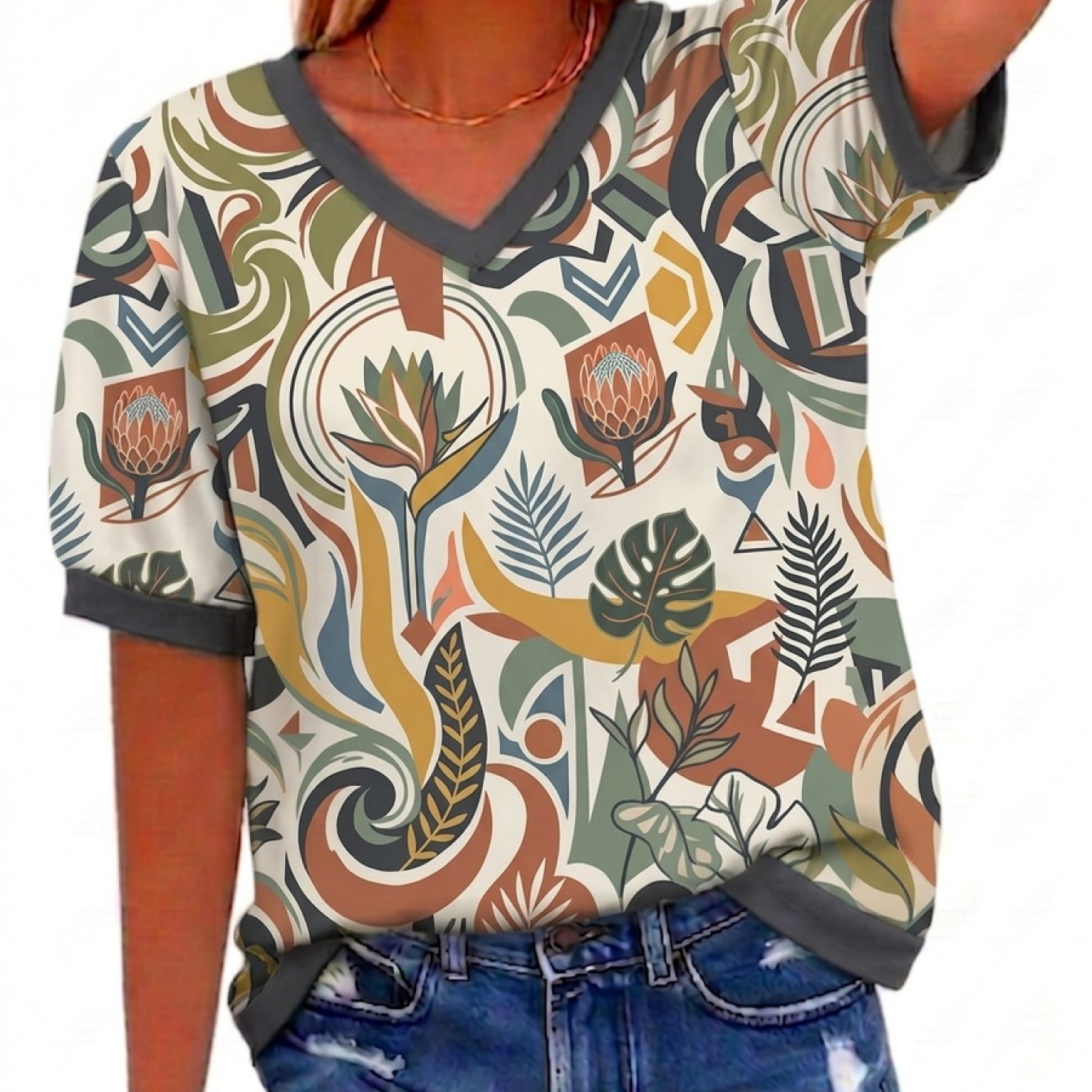 TEMU Plus Size - Plus Size - Retro Tropical Plant Print V-neck T-shirt For Women - King   Monstera   Geometric Swirl Collage Summer Loose