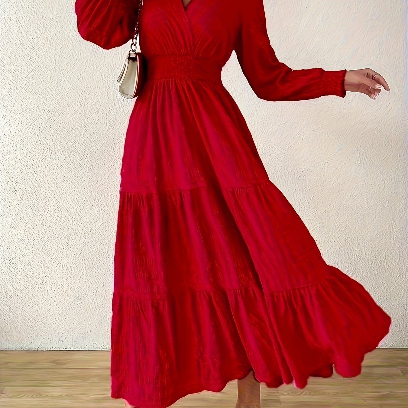 TEMU Women's Elegant A-line Smock Dress With Smocked Waist & - Smock Dress For Weddings, Parties, Church Events - Wear, Solid Color A-line Dress