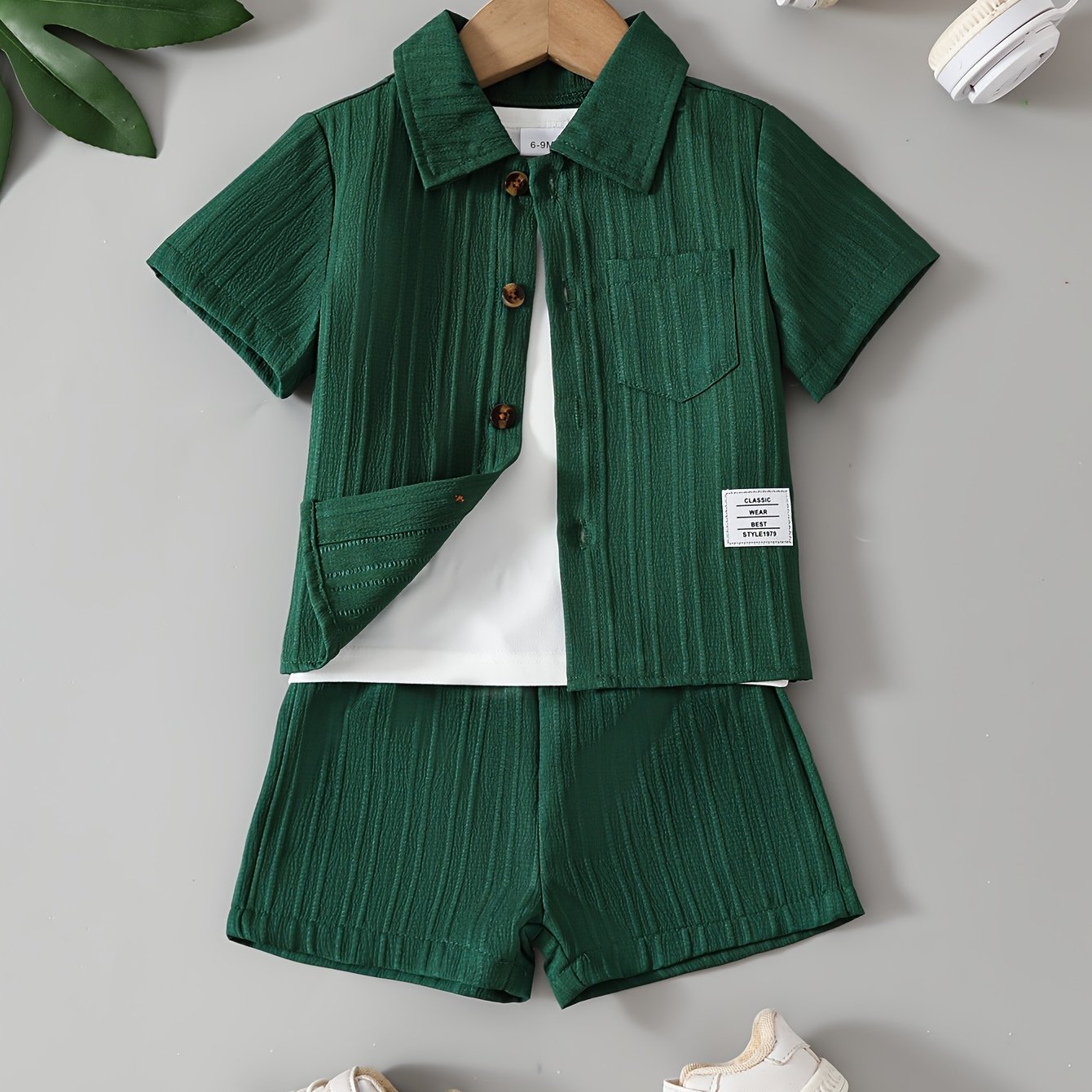 Baby Boy Summer Striped Shorts Suit Short Sleeve Solid Color Shirt Top+shorts Suit, Perfect For Outdoor