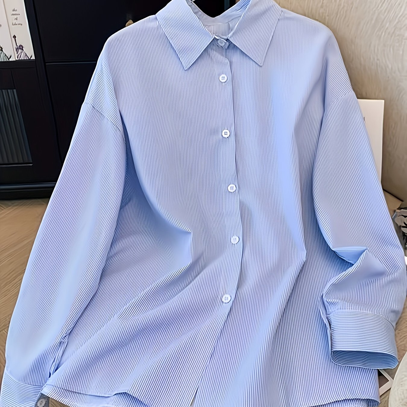 TEMU Trendy Spot Style, Spring And Autumn Thin Striped Printed Long-sleeved Elegant Versatile Split Bow Women's Top, Ladies' Fashion Casual Elegant