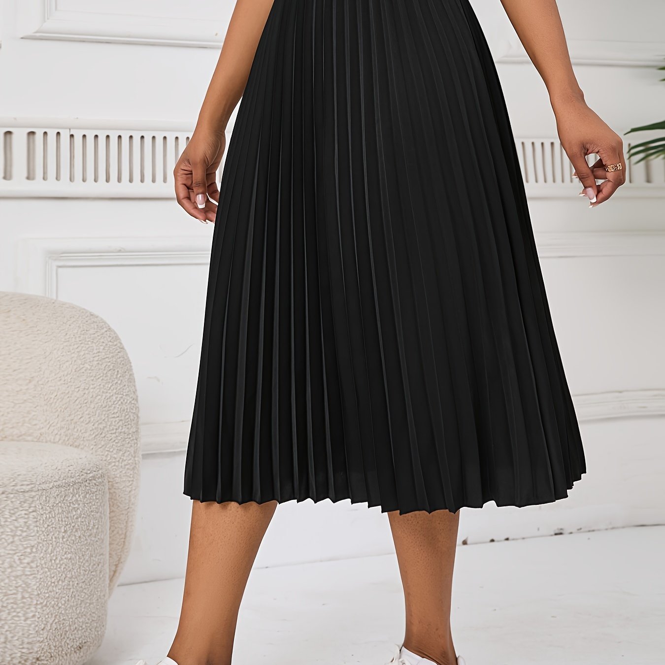 E-shop Einfarbiger Rock mit hoher Taille, eleganter plissierter Midi-Rock für Frühling & Sommer, Damenbekleidung