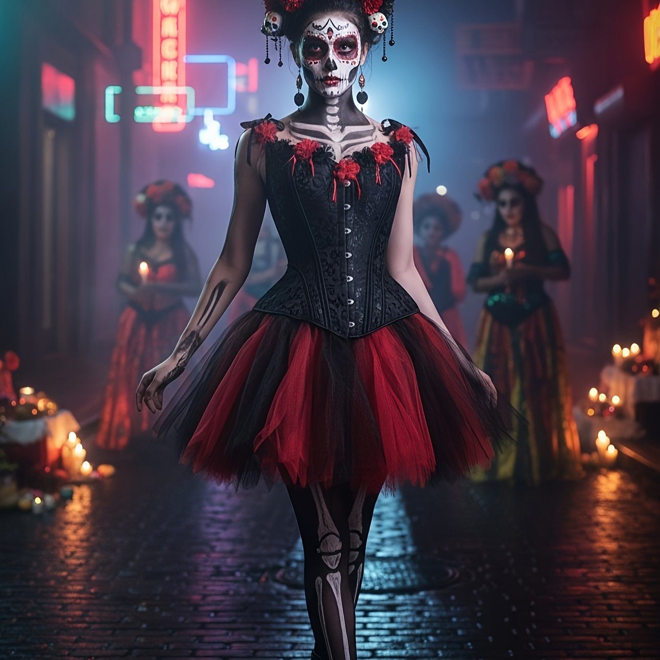 E-shop Dunkles Gothic Schwarzes Jacquard Korsett Bodysuit und Tutu Rock Set mit Blumenmuster Mesh Stirnband, Mexikanisches Tag der Toten Kostüm