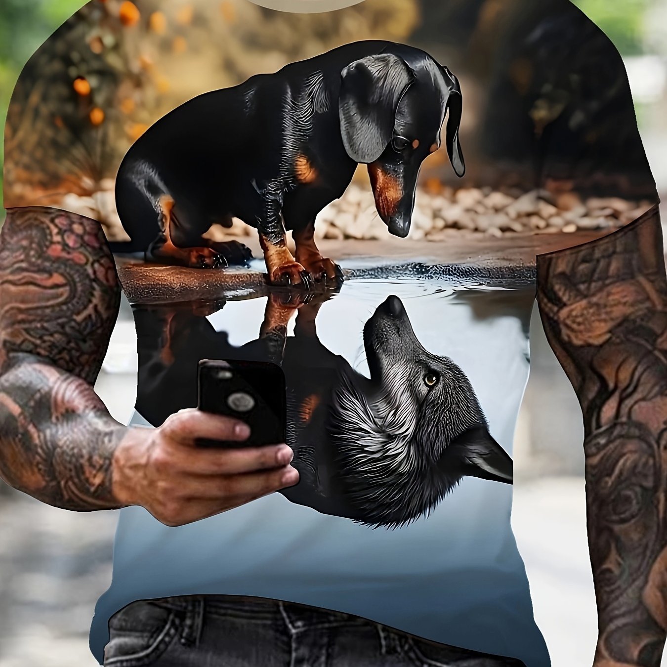 TEMU Men's Print Dachshund And Wolf Graphic T-shirt - Casual Short Sleeve, Breathable Polyester, Perfect For Summer Outdoor Activities