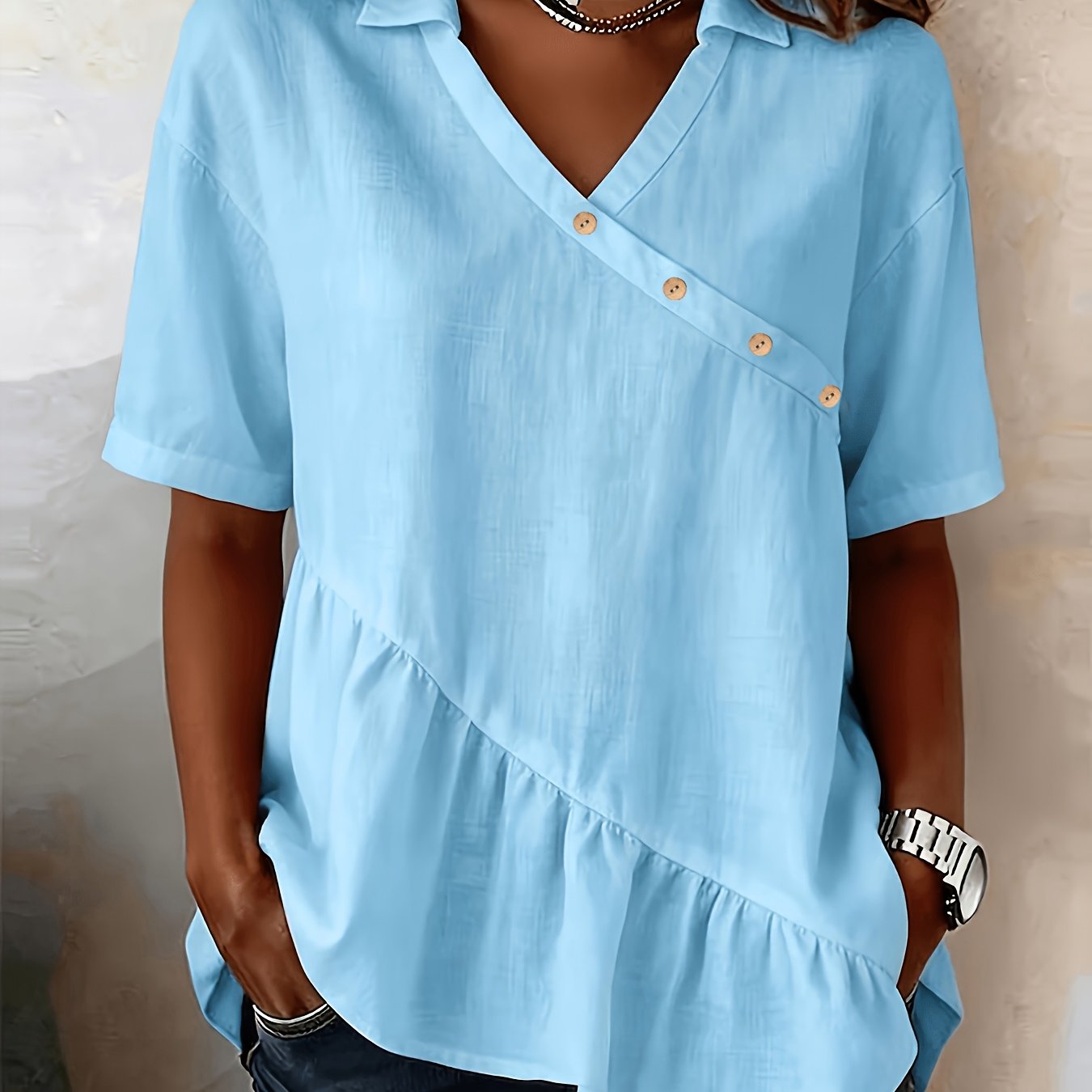 TEMU Women's Button-up Ruffle Hem Casual Fashion Shirt, Suitable For
