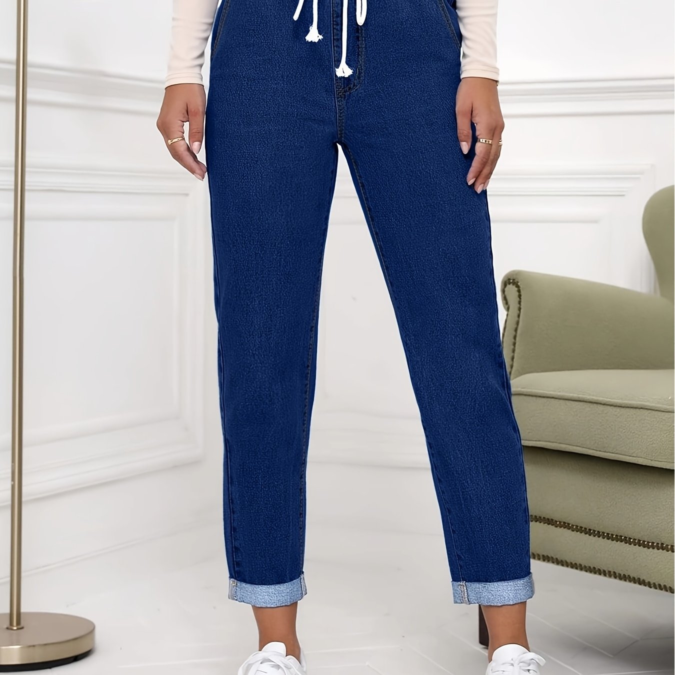 Image of Fashionable And Versatile Casual Denim Pants, Rolled Up Cuffs, Elastic Elastic Waistband, Women's Pants