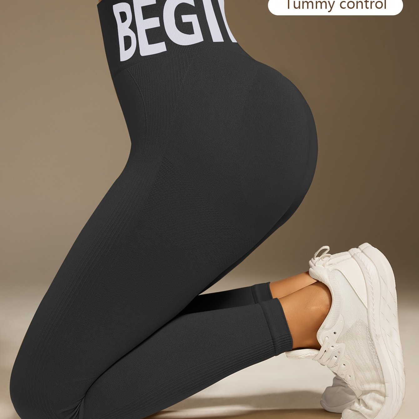 Image of Women's High-waist Yoga Pants - Seamless, Stretchy, Tummy Control | Compression Fit, Letter Print, Machine Washable For Fitness
