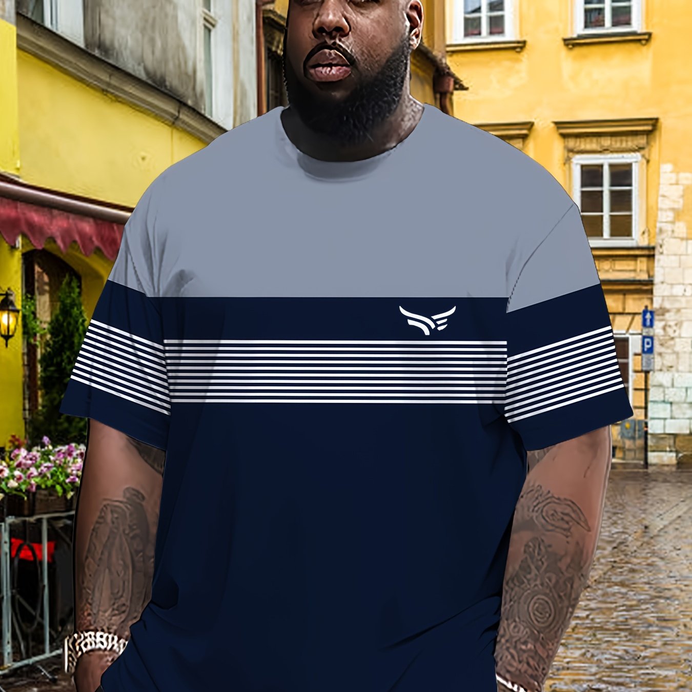 TEMU T-shirt imprimé pour homme avec motif à rayures de la série. Haut décontracté et tendance pour homme, adapté pour la randonnée, , le fitness et