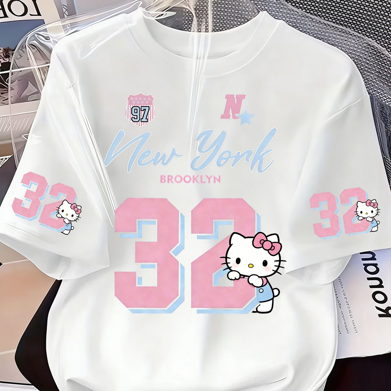 TEMU Women's Hello Kitty Baseball Jersey T-shirt - Jersey Style With Iconic Hello Kitty Face & Print, Round Neck Short Sleeve Casual Tee, Machine