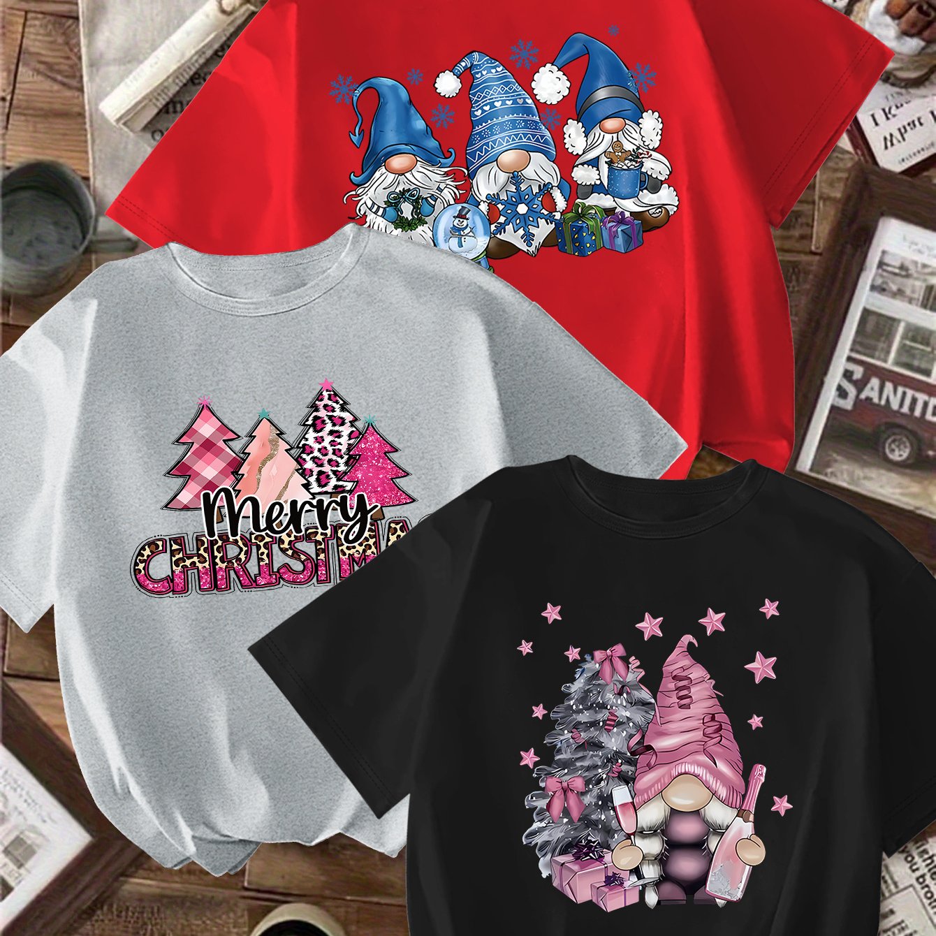 TEMU Christmas & Blue Santa Letter Pattern Printed T-shirt 3pcs Set, Summer And Spring Short Sleeve Round Neck Casual Tops Multi-piece Set, Women's