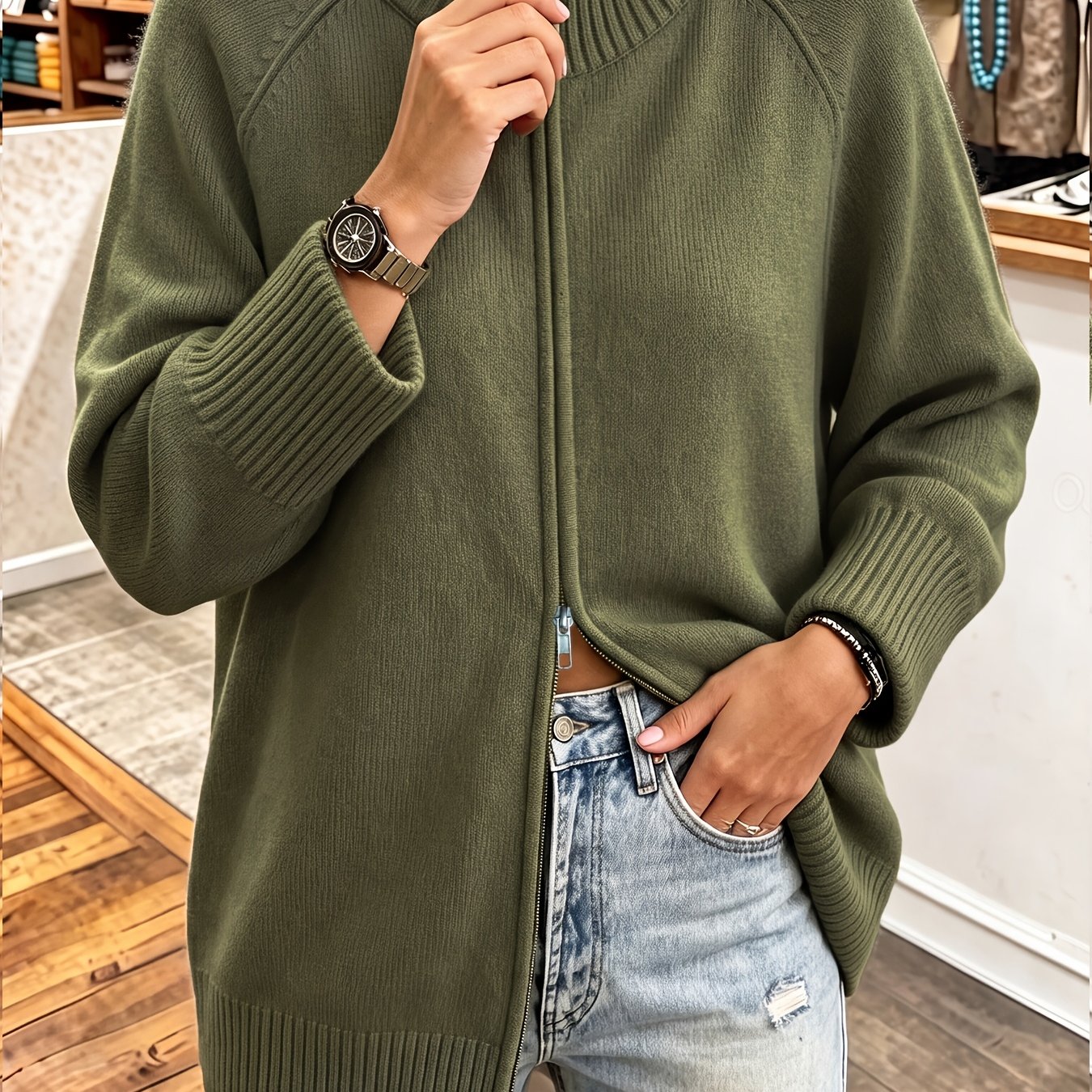 TEMU Plus Size, Women's /autumn Stand Collar Zipper Cardigan, Full-zip Front, Raglan Sleeves, Loose Fit, Ribbed Cuffs, Long Sleeves, Dense, Soft, And