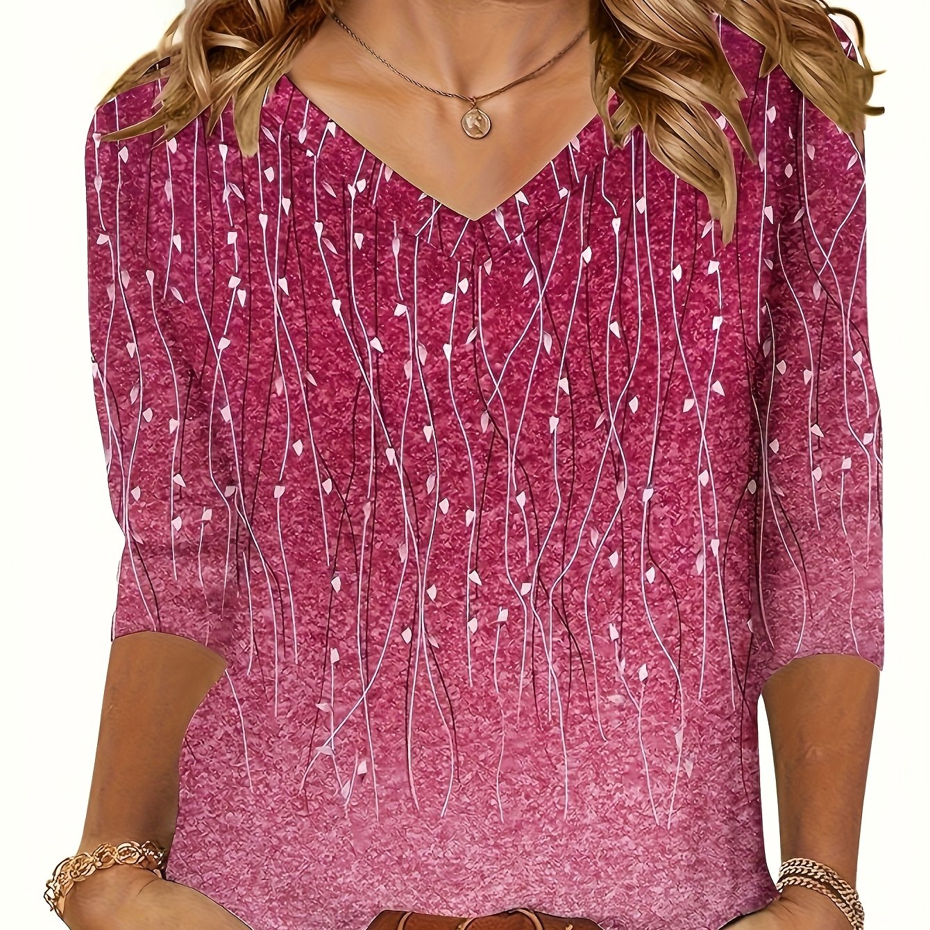 E-shop Damenmode Freizeit Top, 3/4 Ärmel V-Ausschnitt Basic Shirt Kurzarm T-Shirt