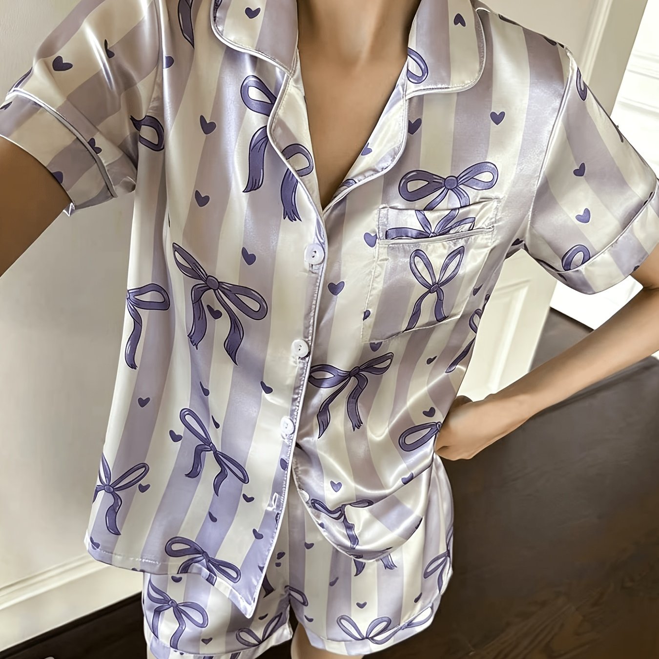 TEMU Women's 2pcs Set: Double-layer Short Y Blue Stripe Heart Print Pajama Set, Featuring A Pocketed Casual And Comfortable Blue Stripe Heart Print