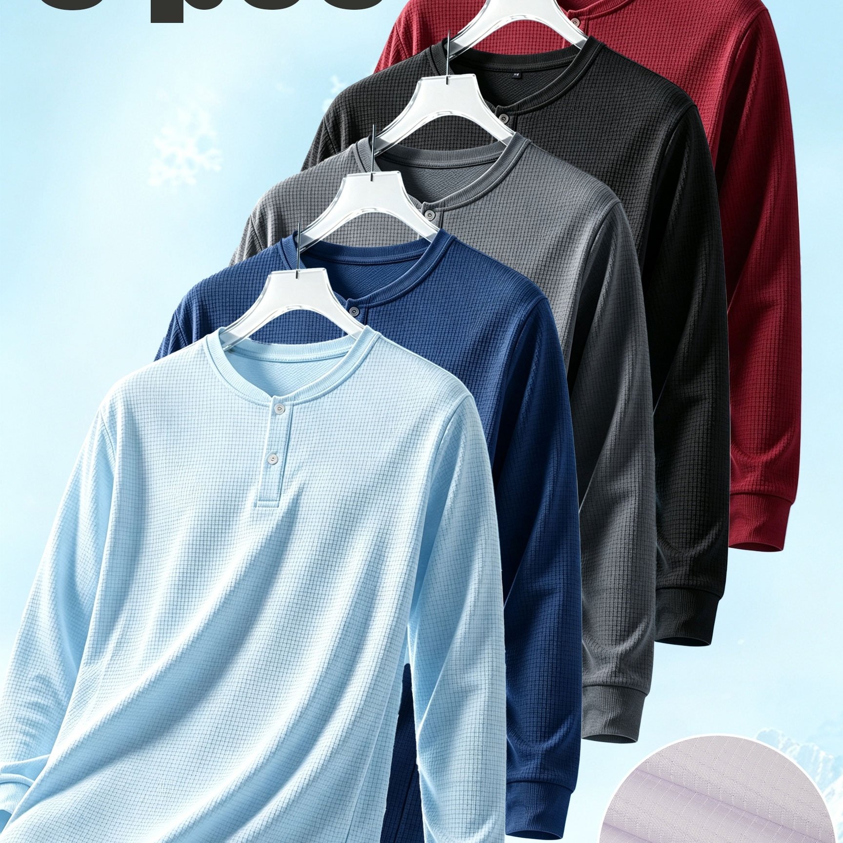 TEMU 5pcs Men's Waffle Knit Henley Long Sleeve Tees, Breathable Grid Half Button Crew Neck Tops, Wrinkle Resistant Undershirts, Loose Sweat-wicking