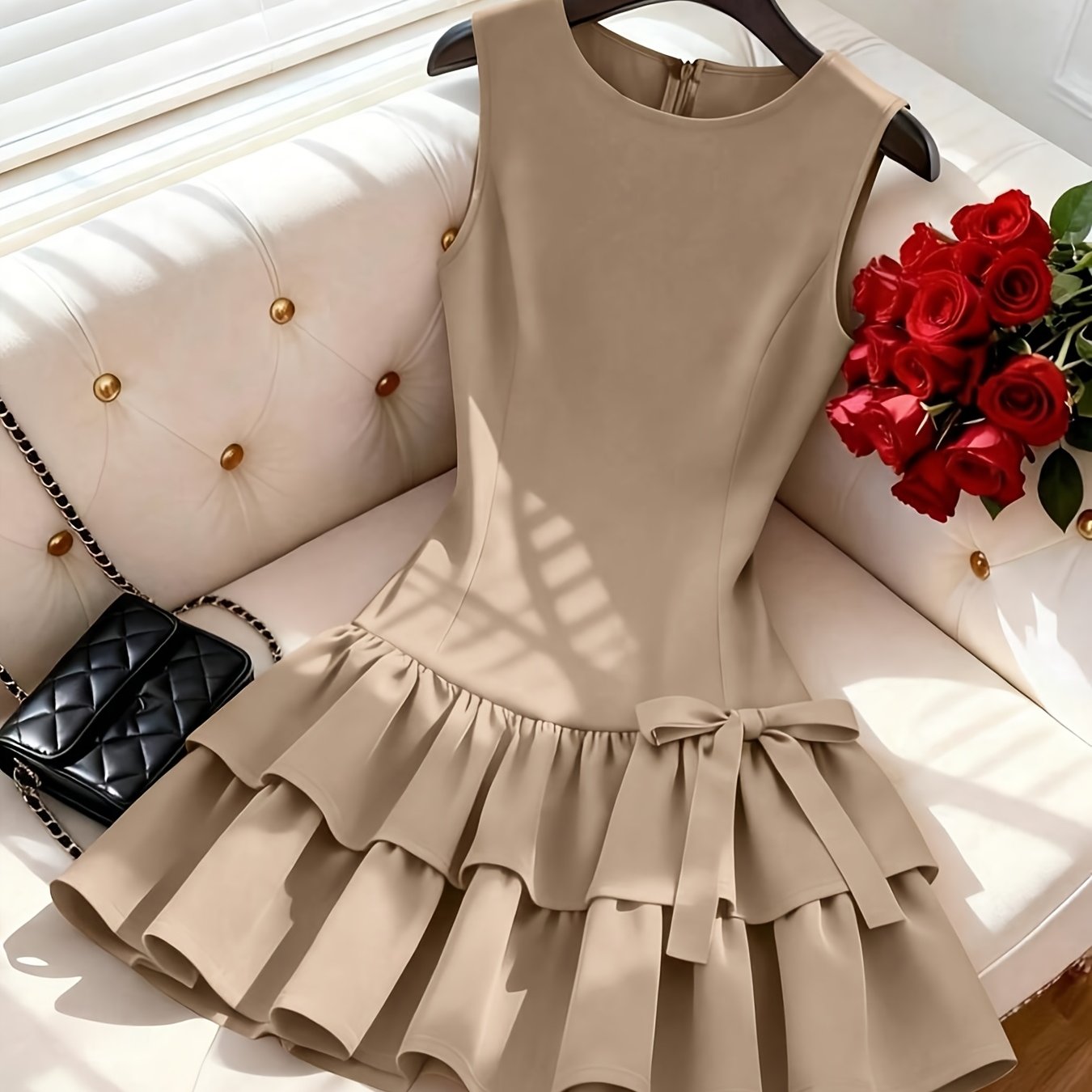 TEMU Women's Elegant Sleeveless Dress With Solid Color Bow Decoration, Sleeveless Mini Skirt, Suitable For Daily , Dates, Vacations, Parties, And