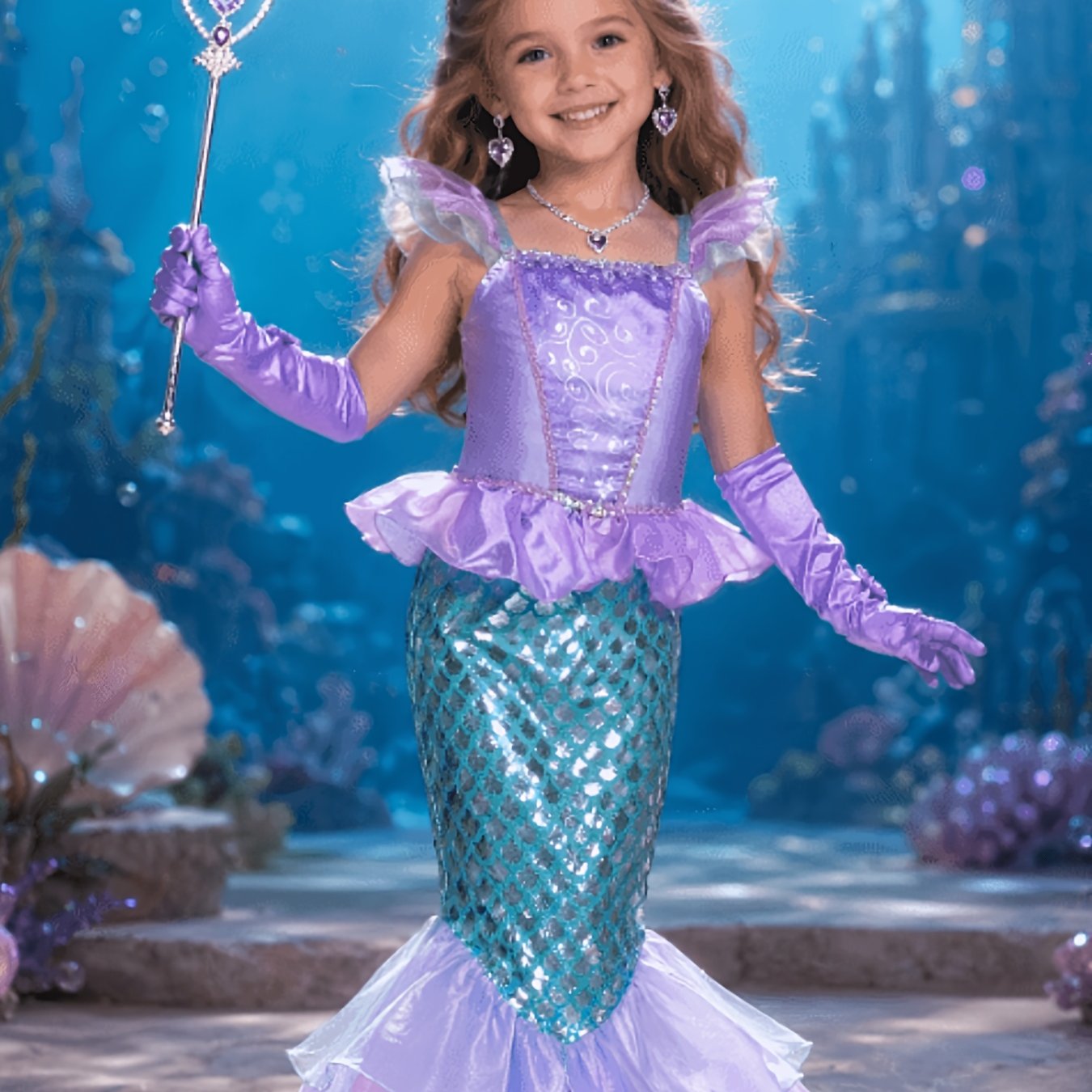 TEMU Girl's Mermaid Dress, Suitable For Birthday Parties, Dress-up, And Accessory Sets - Includes Crown, Decorative Wand, Necklace, Gloves, And