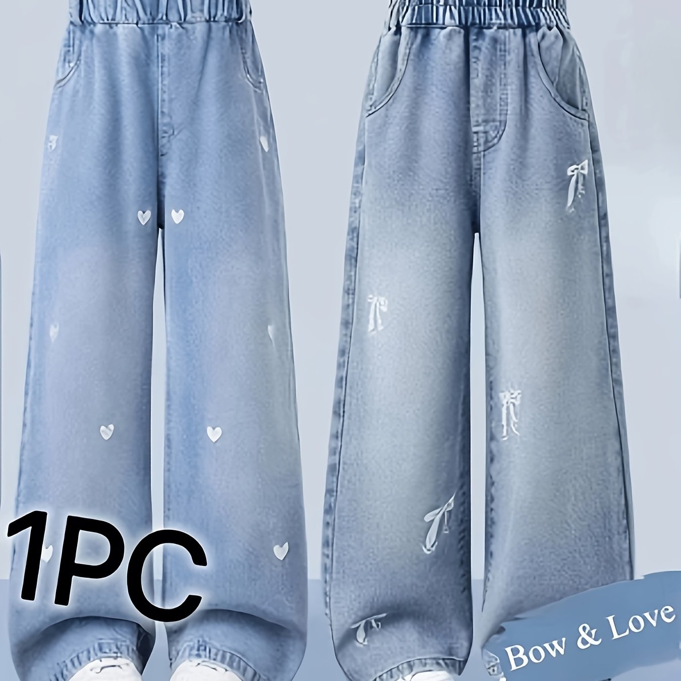 Image of Girls Denim Pants Spring Autumn Soft Denim Bow Embroidered Straight Leg Slim Fit Long Trousers For Kids Toddlers Big Girls Casual Casual Attire