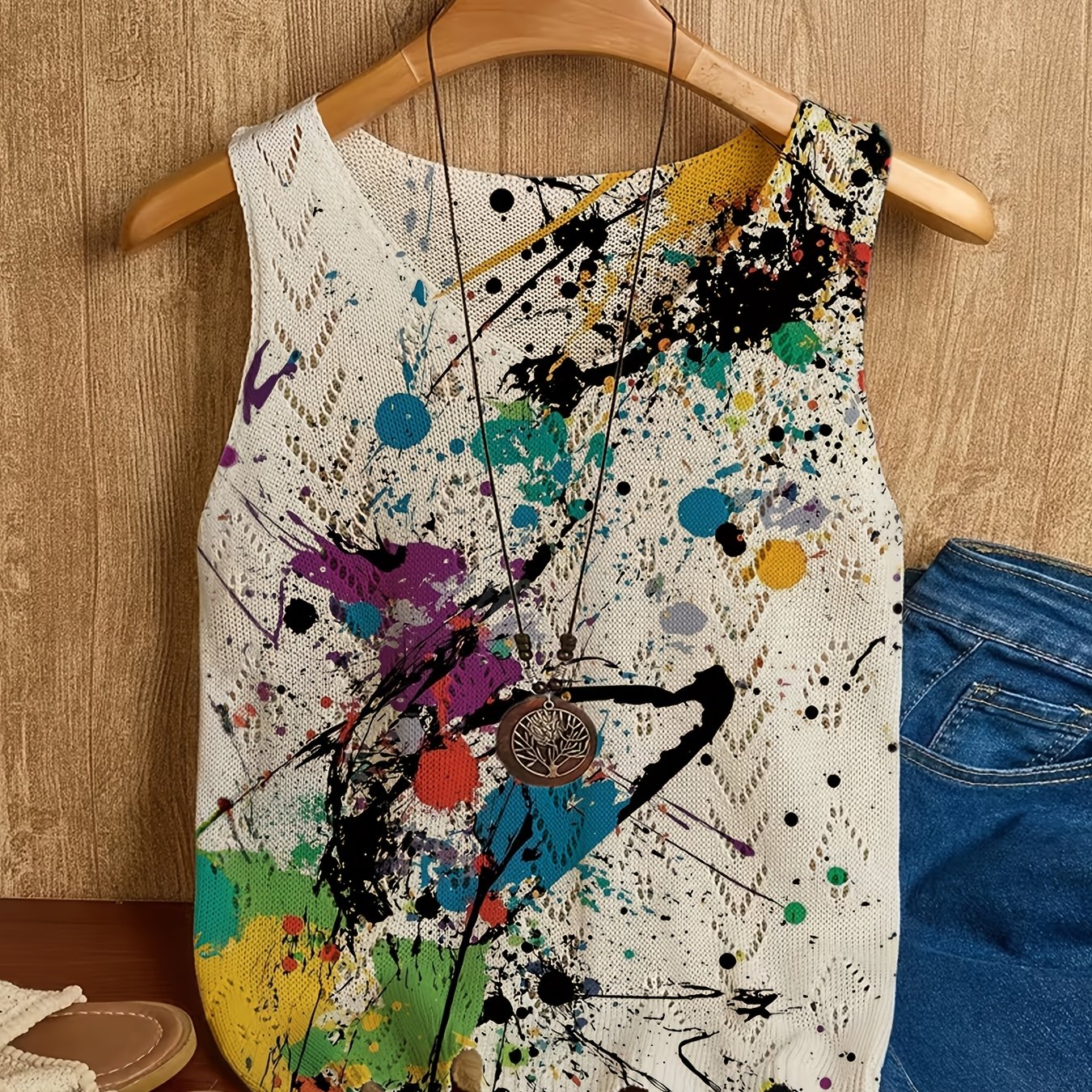 TEMU [ 2D] Bohemia Estivo, Nuovo Pullover Versatile , Gilet Forato, Top da Donna con Piatta, Intera Maglia con Stampa Scollo a V, Trendy da Donna per