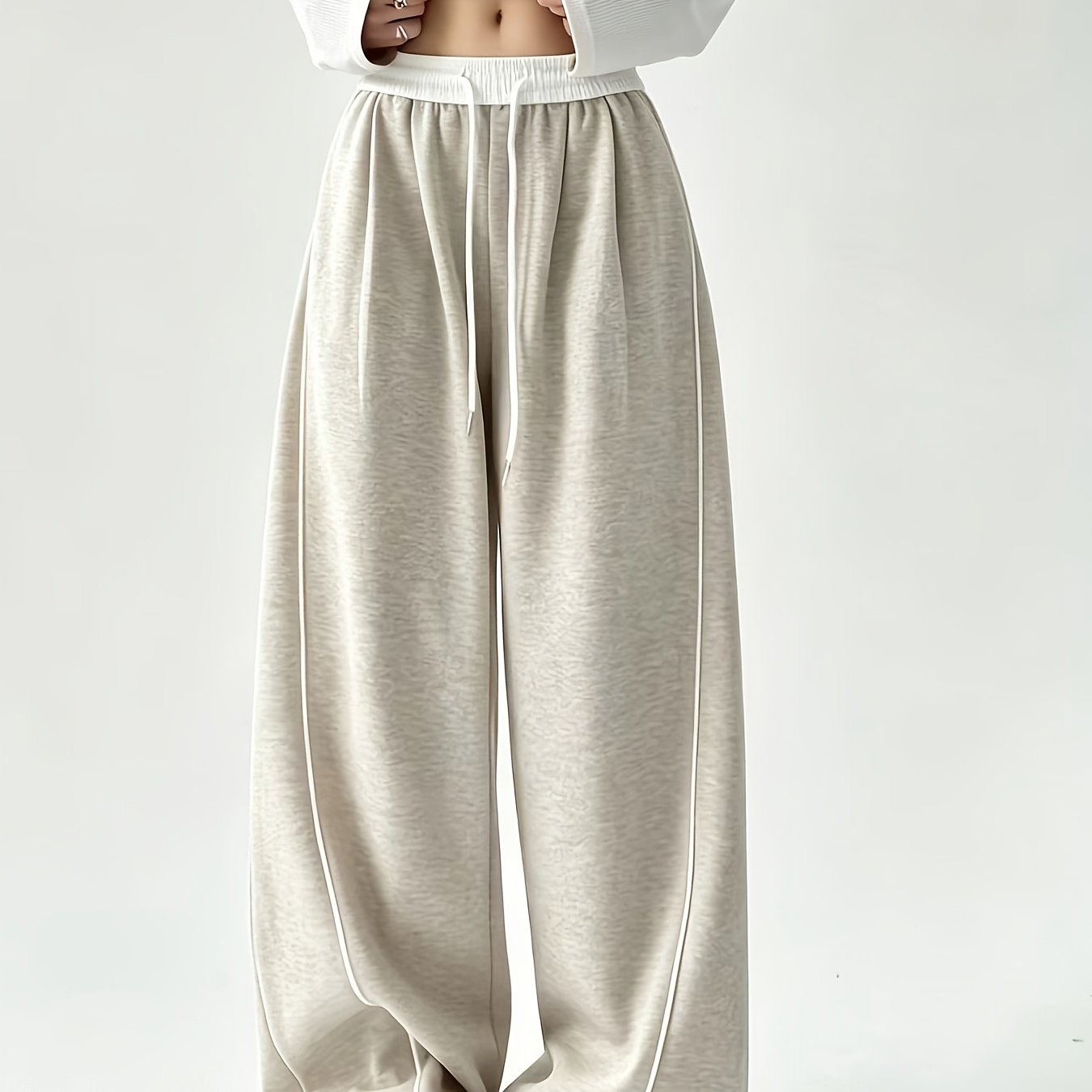 TEMU Pantalon de survêtement à jambes larges avec ceinture élastique blanche contrastante à la taille, bandes de passepoil latérales blanches, ourlet