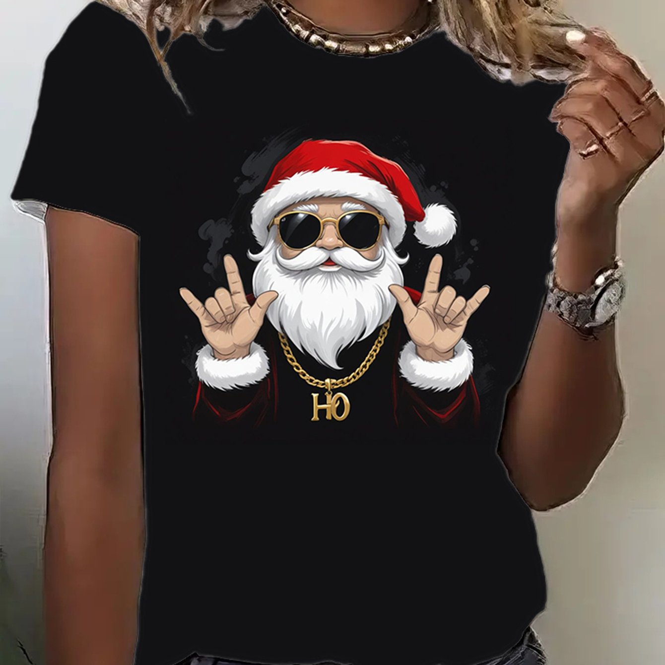 TEMU Cool Santa Print Christmas T-shirt For Women - Casual Crew Neck Short Sleeve Top, 100% Polyester Knit Fabric, Summer Season, Regular Length With Festive Pattern